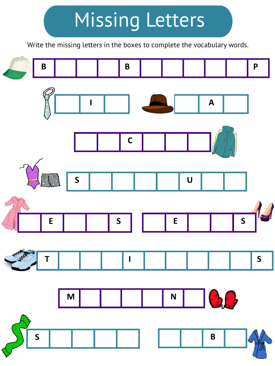 Missing letters spelling: students complete clothing words like baseball cap, tie, hat and mittens beside each picture