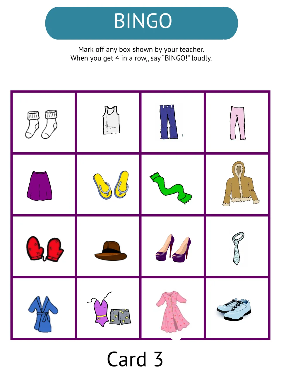 Bingo card 3 pictures clothing words including skirt, coat, mittens, tie and robe for a whole-class game