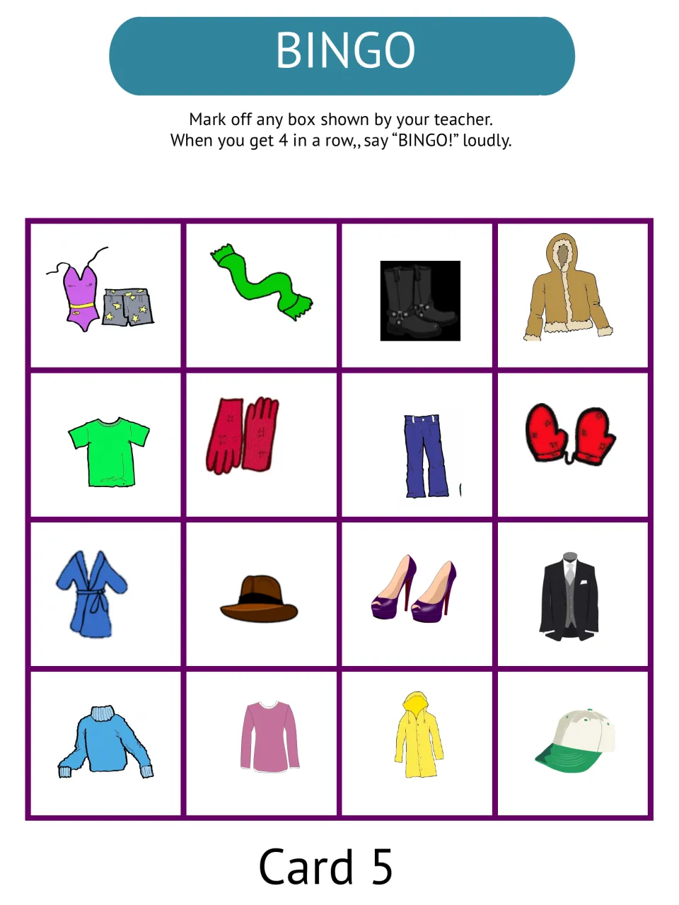 Bingo card 5 featuring gloves, mittens, suit, rain coat, baseball cap and more clothing for picture-word recognition play