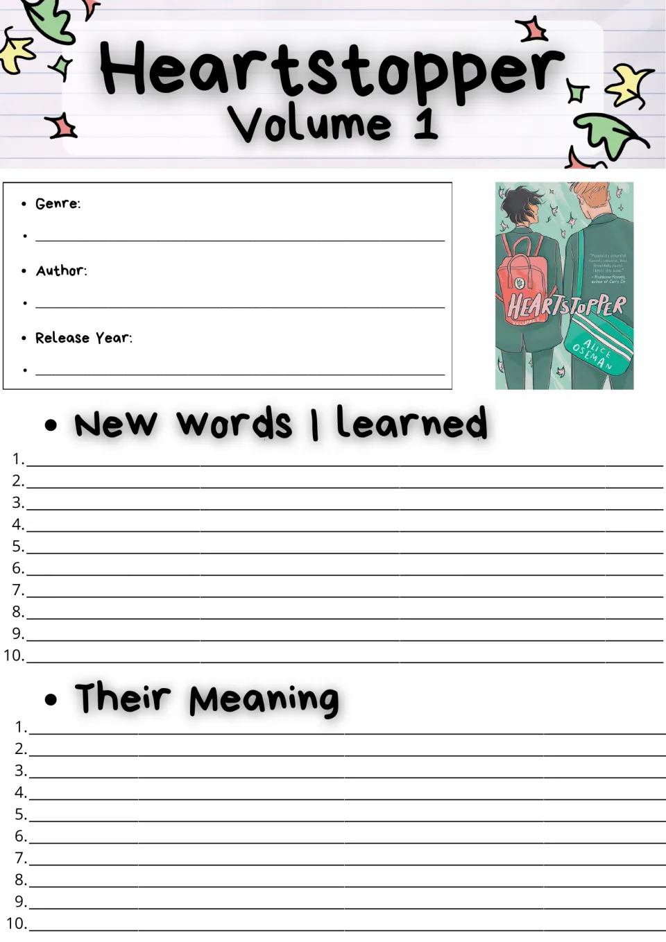 Heartstopper Volume 1 book log: students note genre, author and release year, then list 10 new words and their meanings