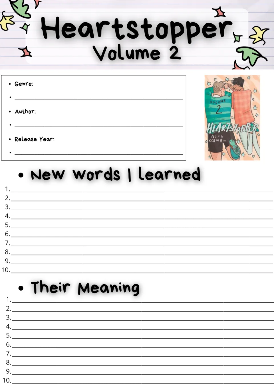 Heartstopper Volume 2 book log: students note genre, author and release year, then list 10 new words and their meanings