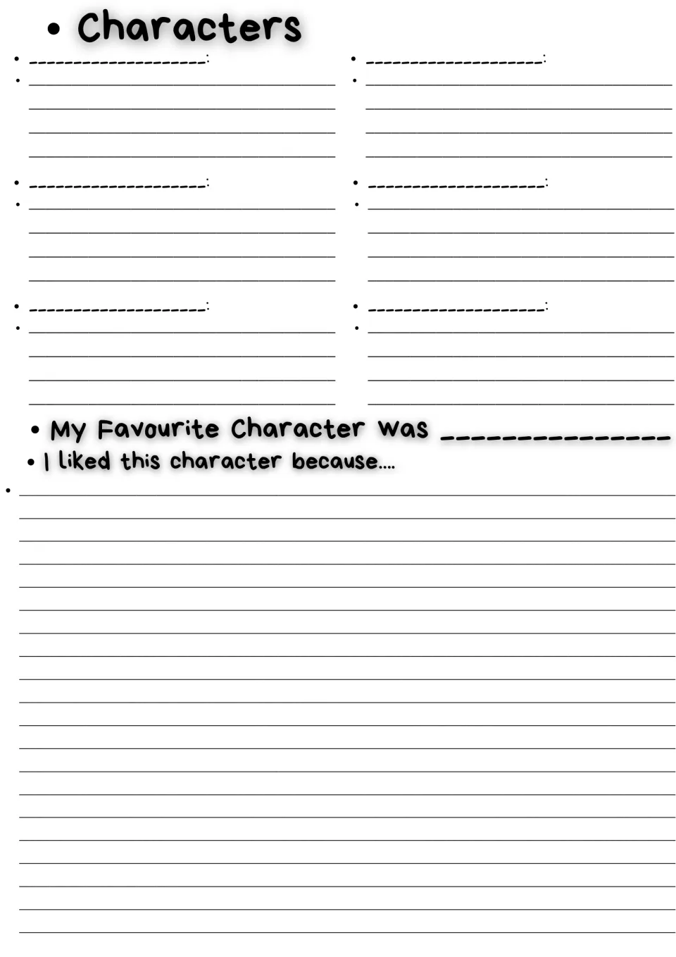 Character study: students name six characters with notes on each, then write about their favourite character and why