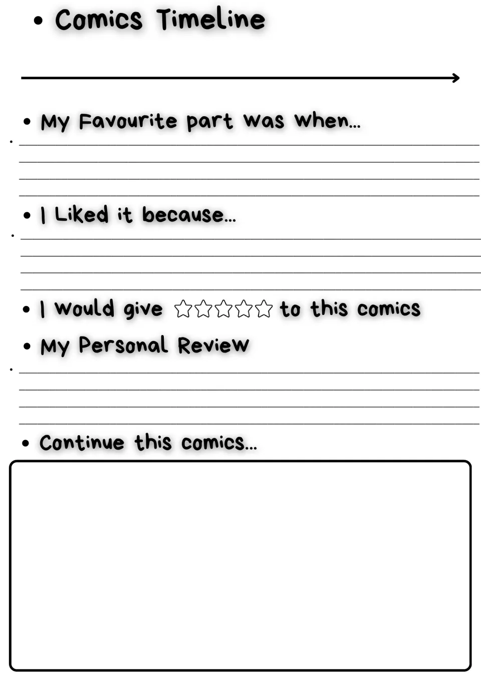 Comics timeline and review: students order events, share a favourite part, rate it out of 5 stars and continue the story