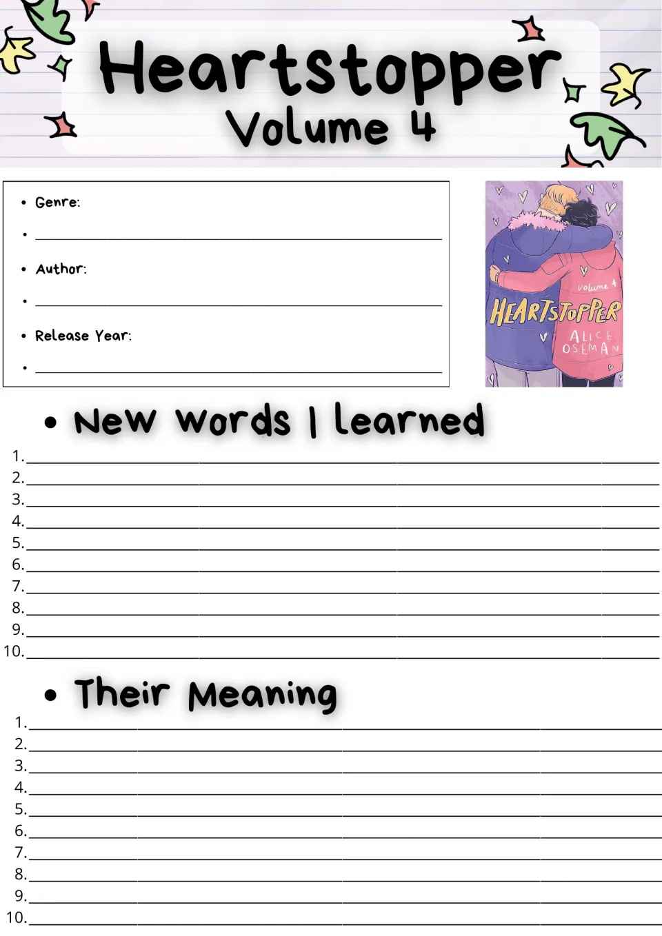Heartstopper Volume 4 book log: students note genre, author and release year, then list 10 new words and their meanings