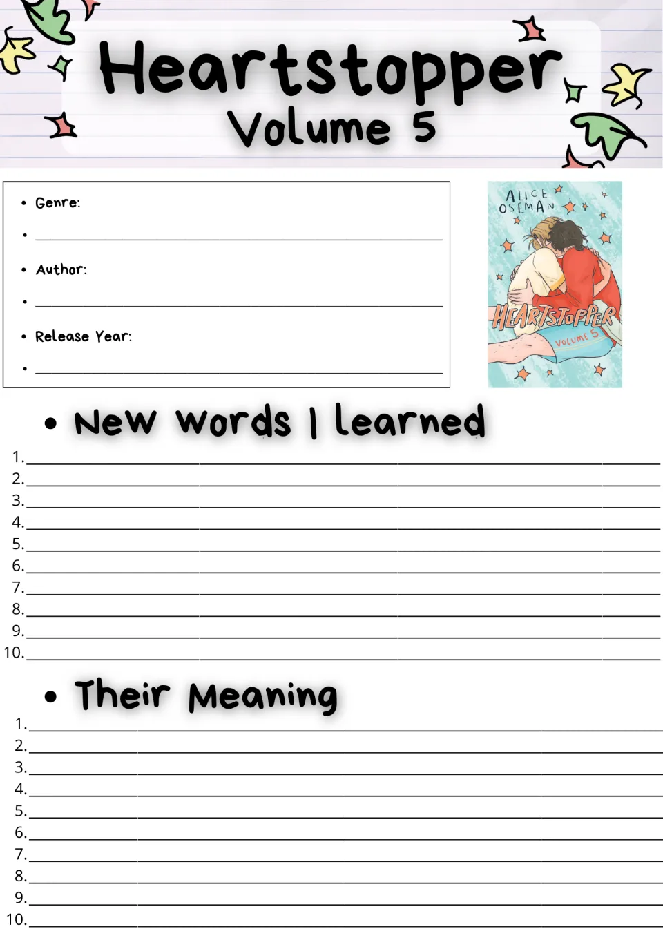 Heartstopper Volume 5 book info: students note genre, author and release year, then list 10 new words and their meanings