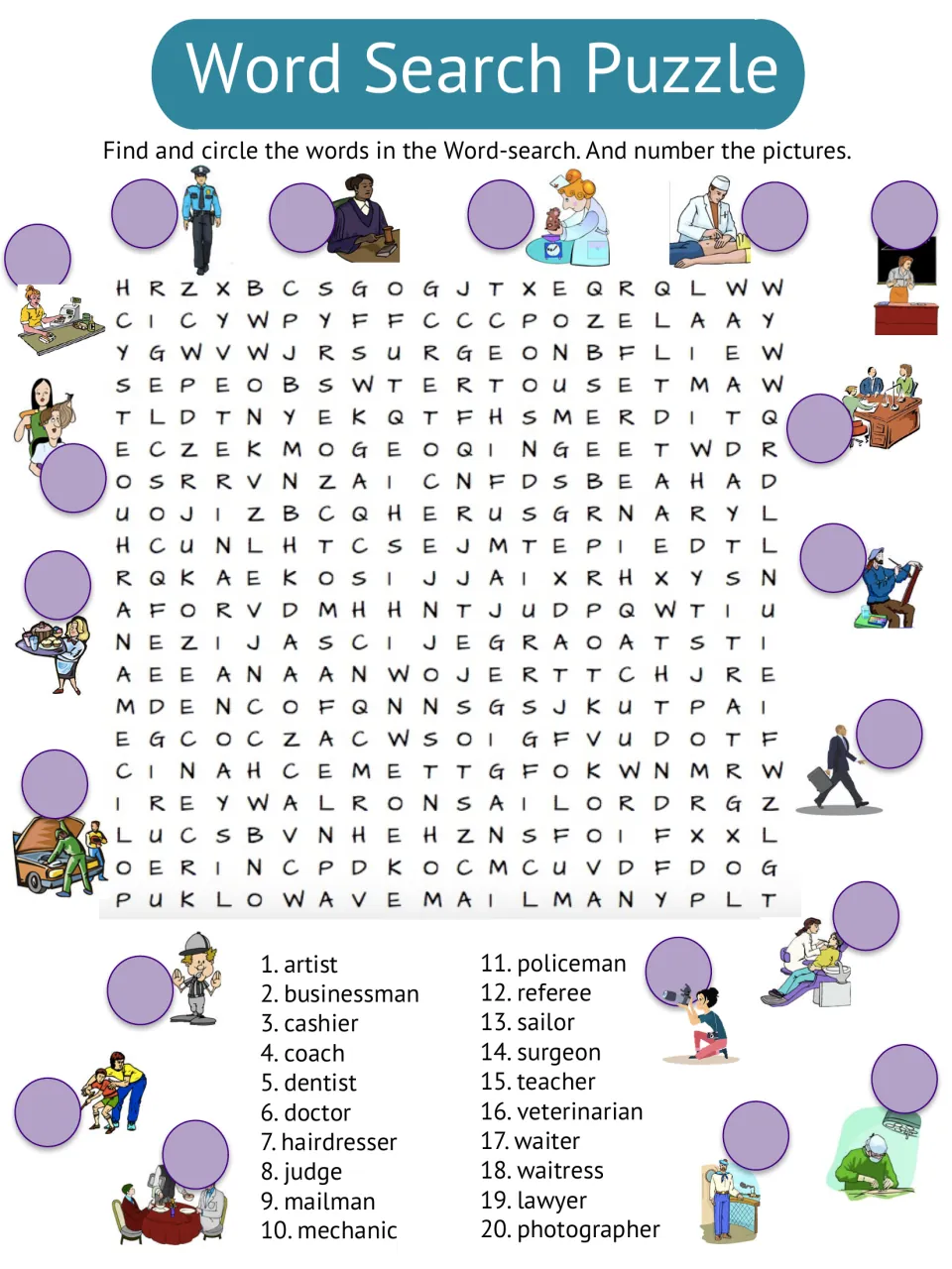 Community jobs word search asking students to find 20 occupation words and number the matching pictures