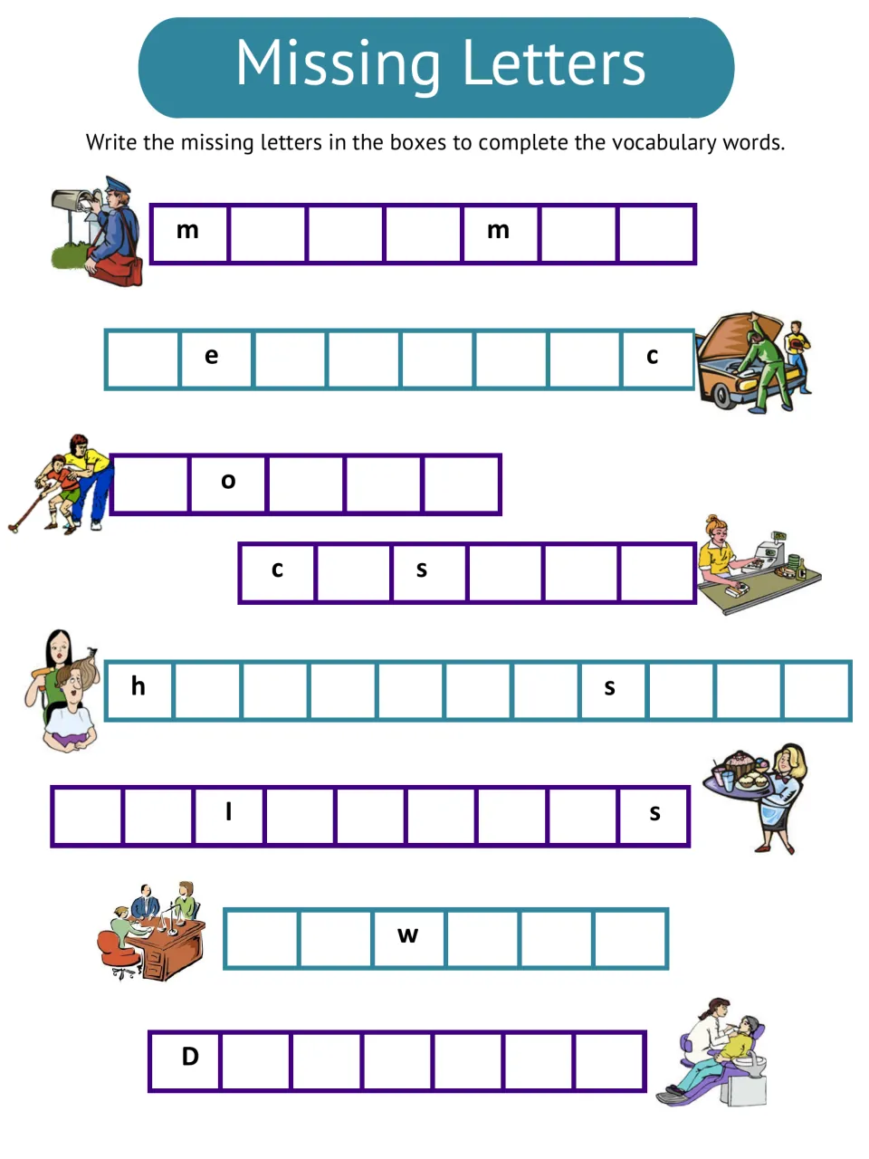 Missing letters practice for eight jobs: mailman, mechanic, coach, cashier, hairdresser, waitress, lawyer, dentist