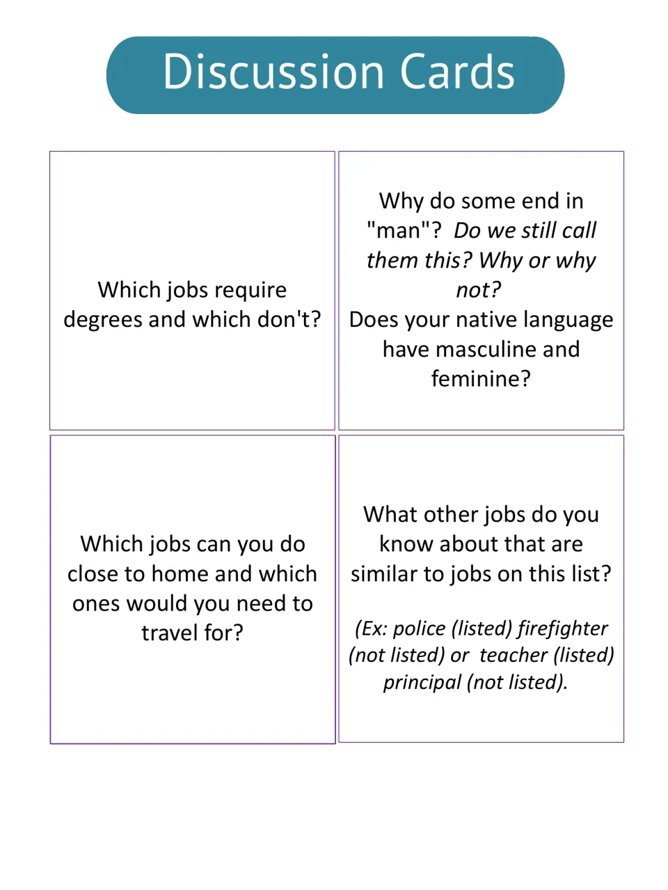 Four community jobs discussion cards about degrees, gendered job names, travel for work, and related jobs