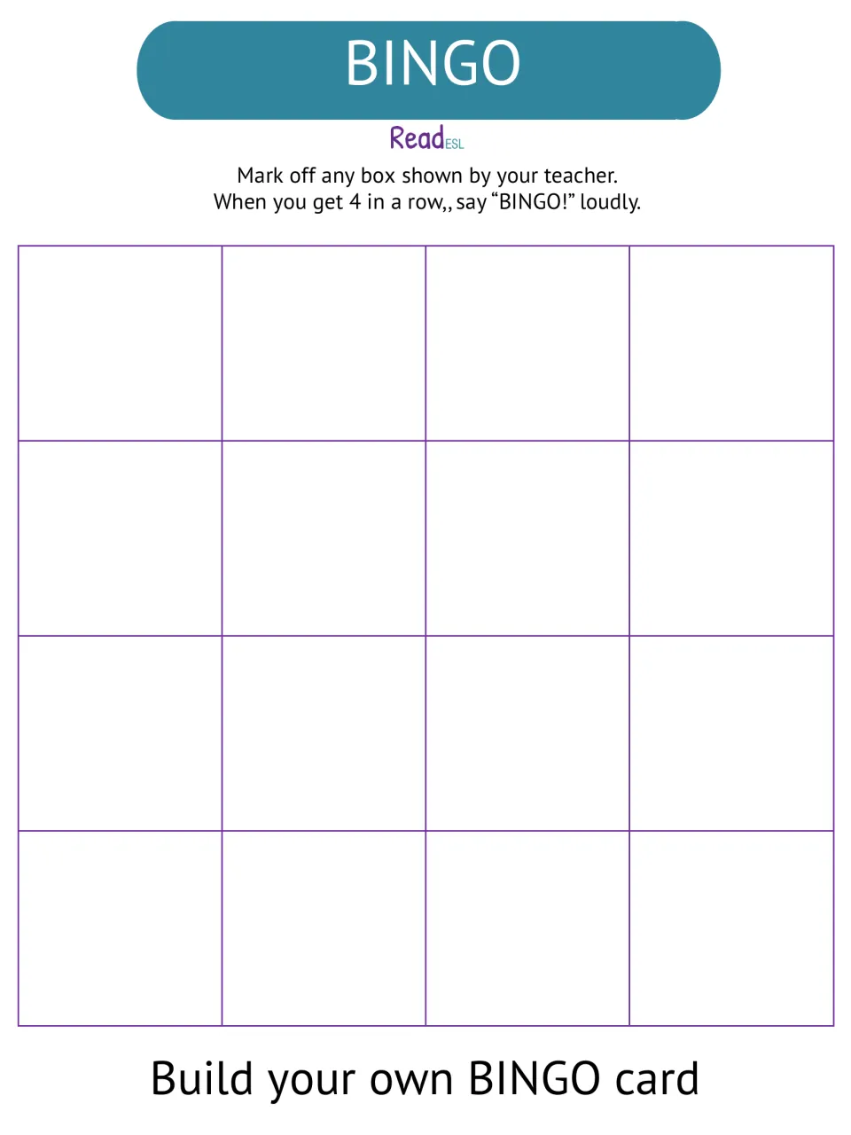 Blank community jobs bingo template for building a personal card, with directions to mark four in a row