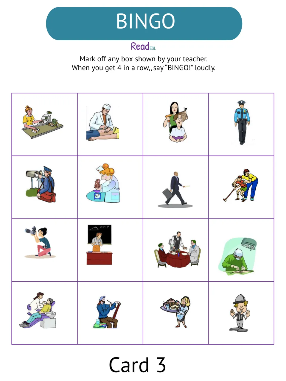 Community jobs picture bingo card 3 featuring 16 occupations, including cashier, hairdresser, coach, and surgeon