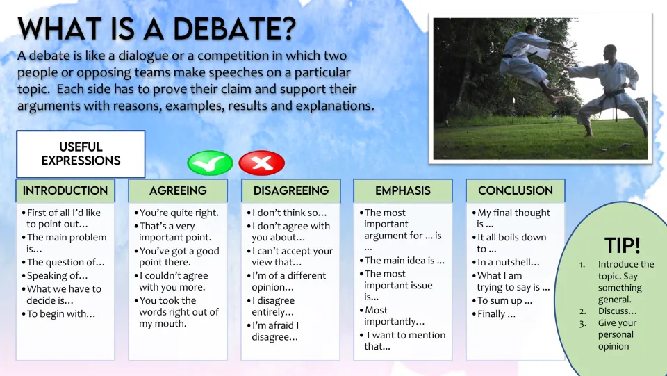 What is a debate: definition plus useful expressions for introducing, agreeing, disagreeing, emphasis and concluding