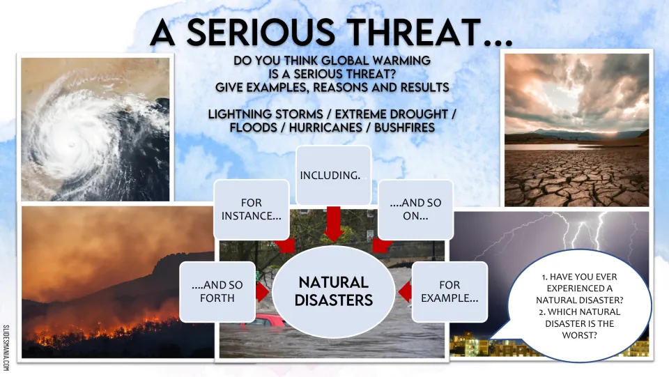Global warming as a serious threat: students give examples of natural disasters using For instance, Including and so on