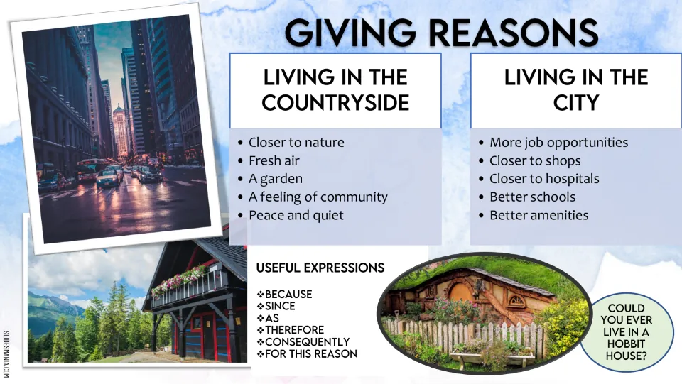 Giving reasons: students argue countryside versus city living using because, since, therefore and for this reason