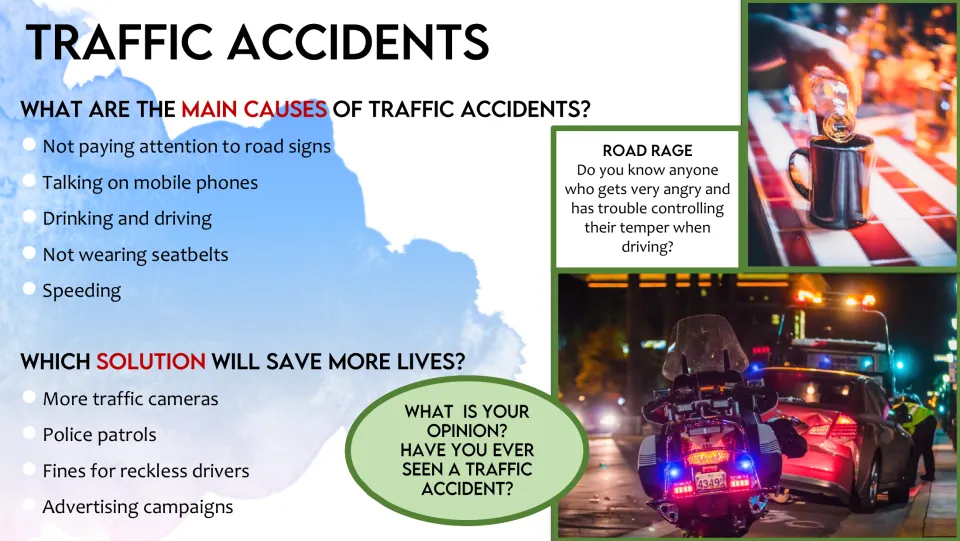 Traffic accidents: students discuss main causes like speeding, choose which solution saves more lives, plus road rage