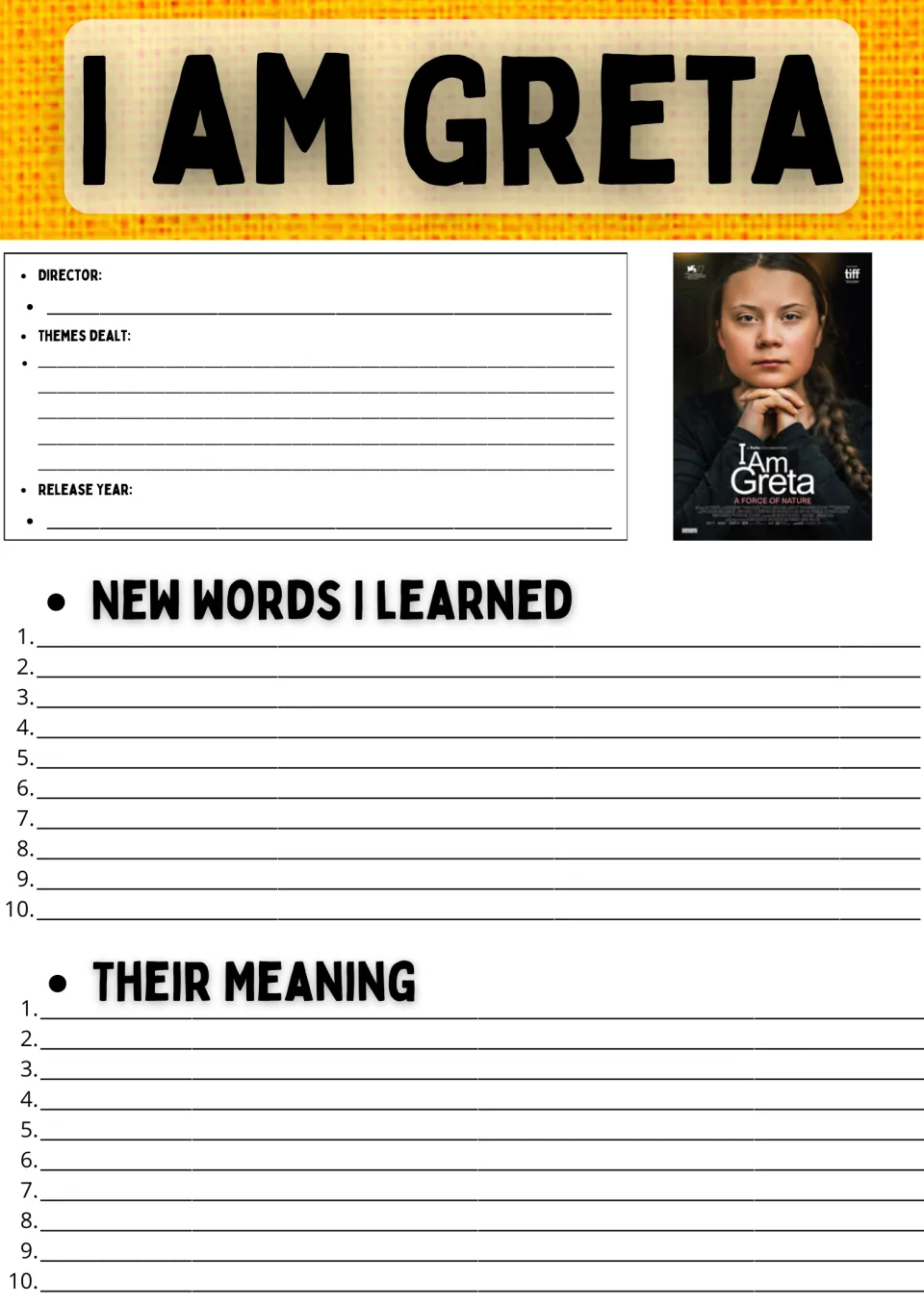 I Am Greta film notes: students record director, themes and release year, then list 10 new words and their meanings