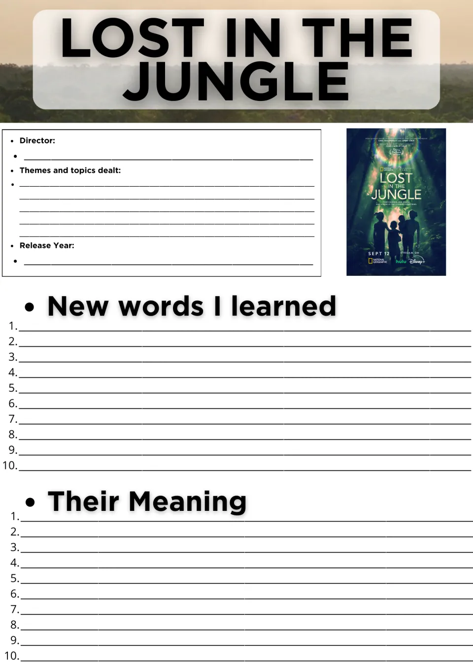 Lost in the Jungle documentary sheet: students note director, themes and release year, then list 10 new words and meanings