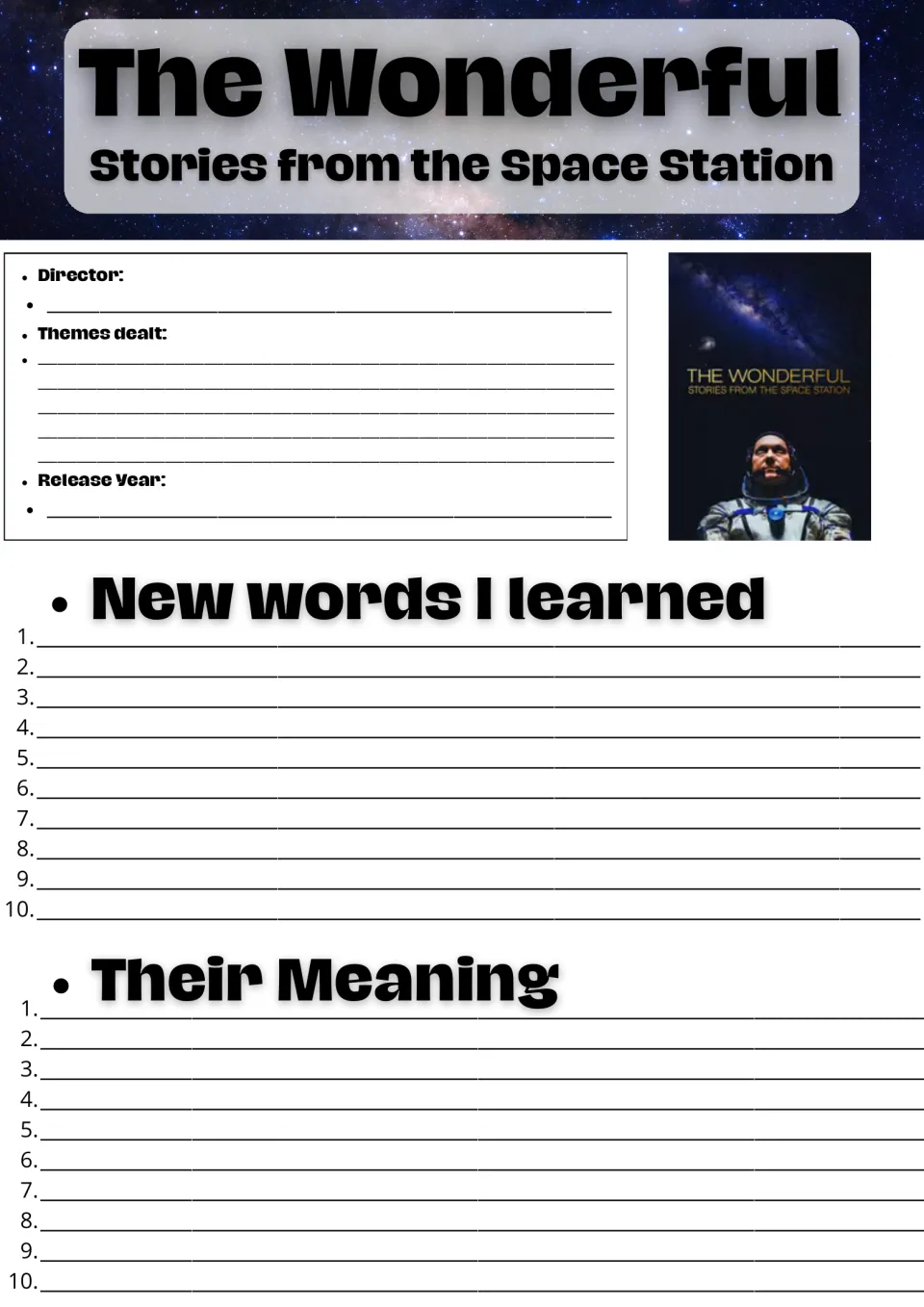 The Wonderful space station documentary: students note director, themes, release year and 10 new words with meanings