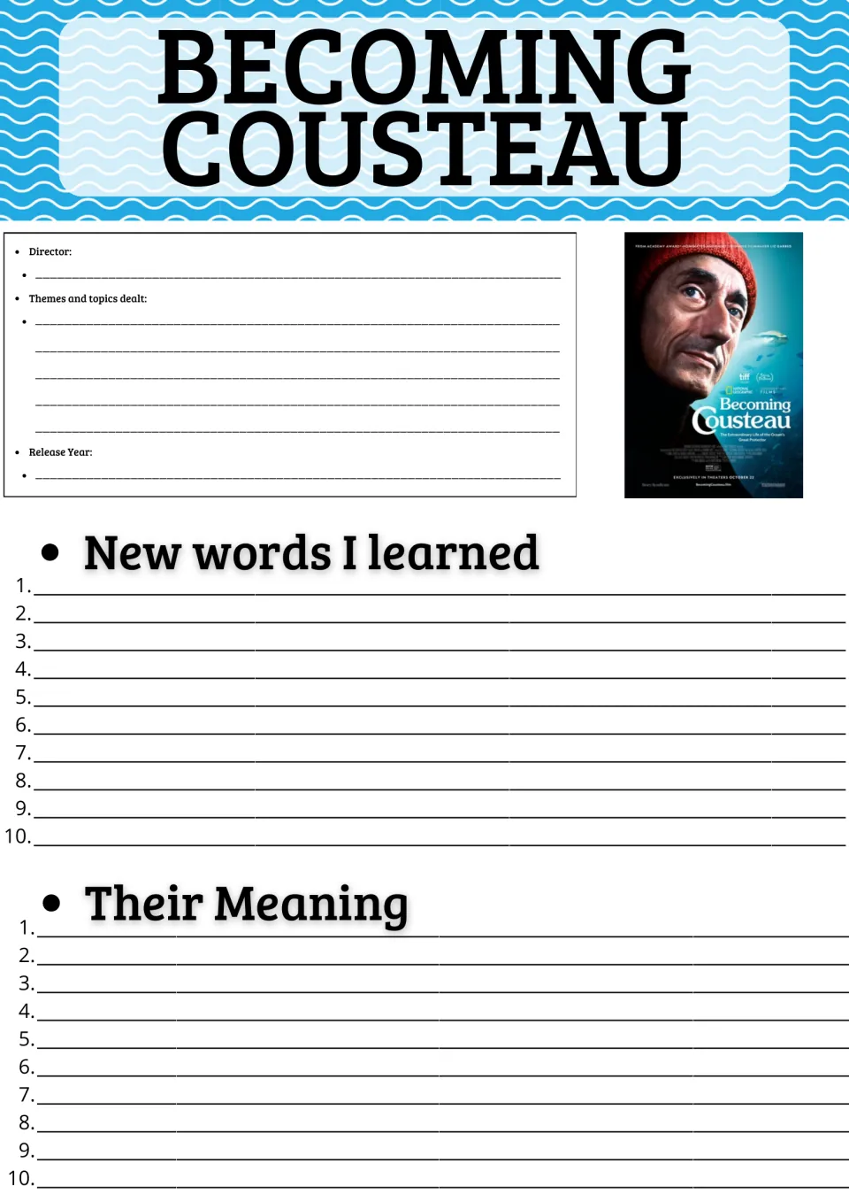 Becoming Cousteau film notes: students record director, themes and release year, then list 10 new words and meanings