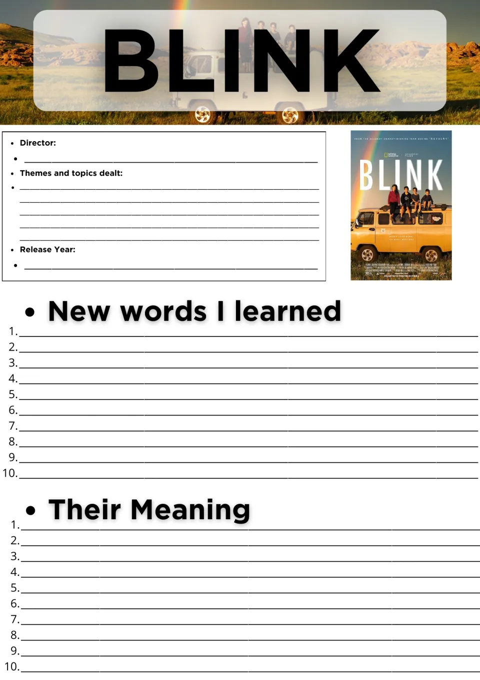Blink documentary notes: students record director, themes and release year, then list 10 new words and their meanings