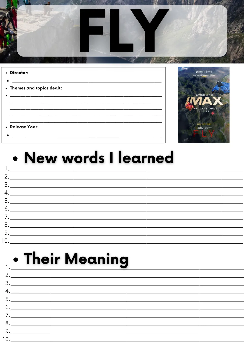 FLY documentary log: students note director, themes and release year, then list 10 new words and their meanings