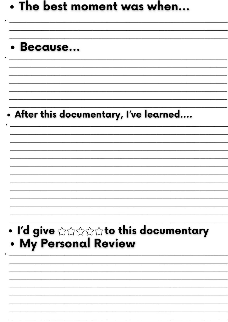 Documentary reflection: students write the best moment and why, what they learned, a star rating and a personal review