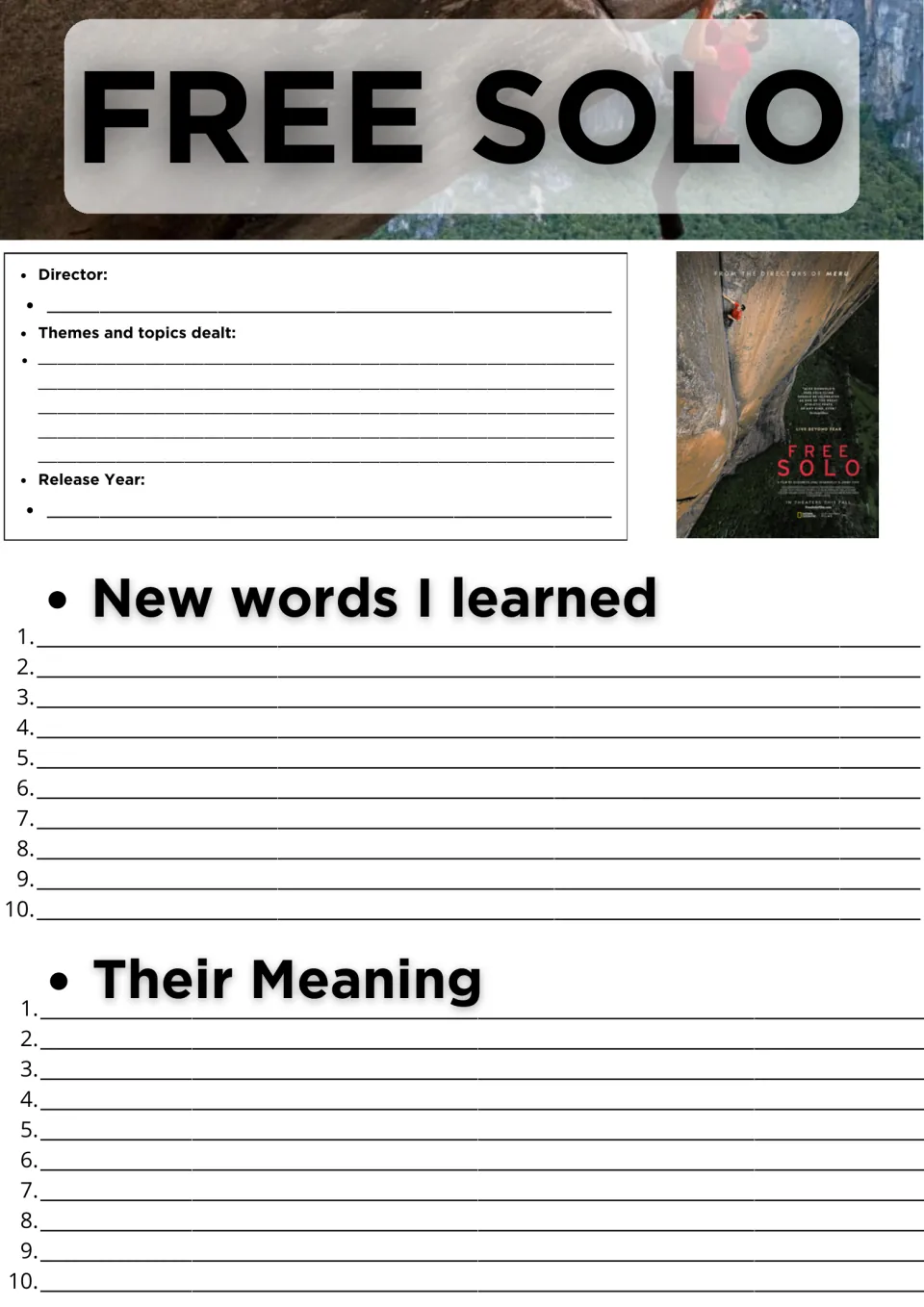 Free Solo documentary notes: students record director, themes and release year, then list 10 new words with meanings