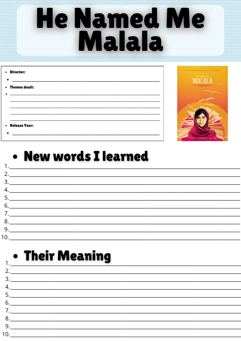 He Named Me Malala film notes: students record director, themes and release year, then list 10 new words and their meanings
