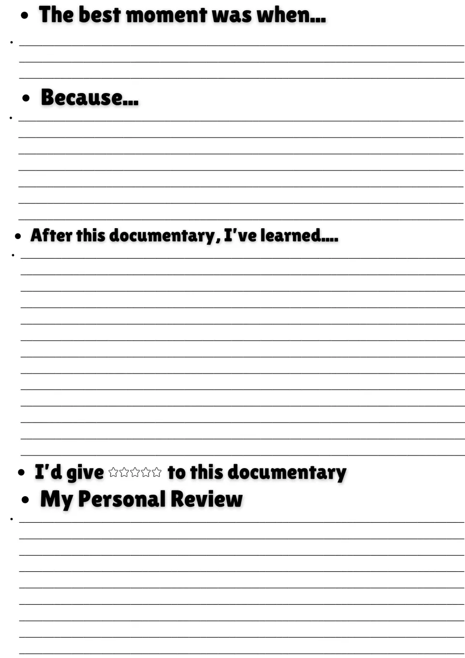 Documentary reflection: students write the best moment and why, what they learned, a star rating and a personal review