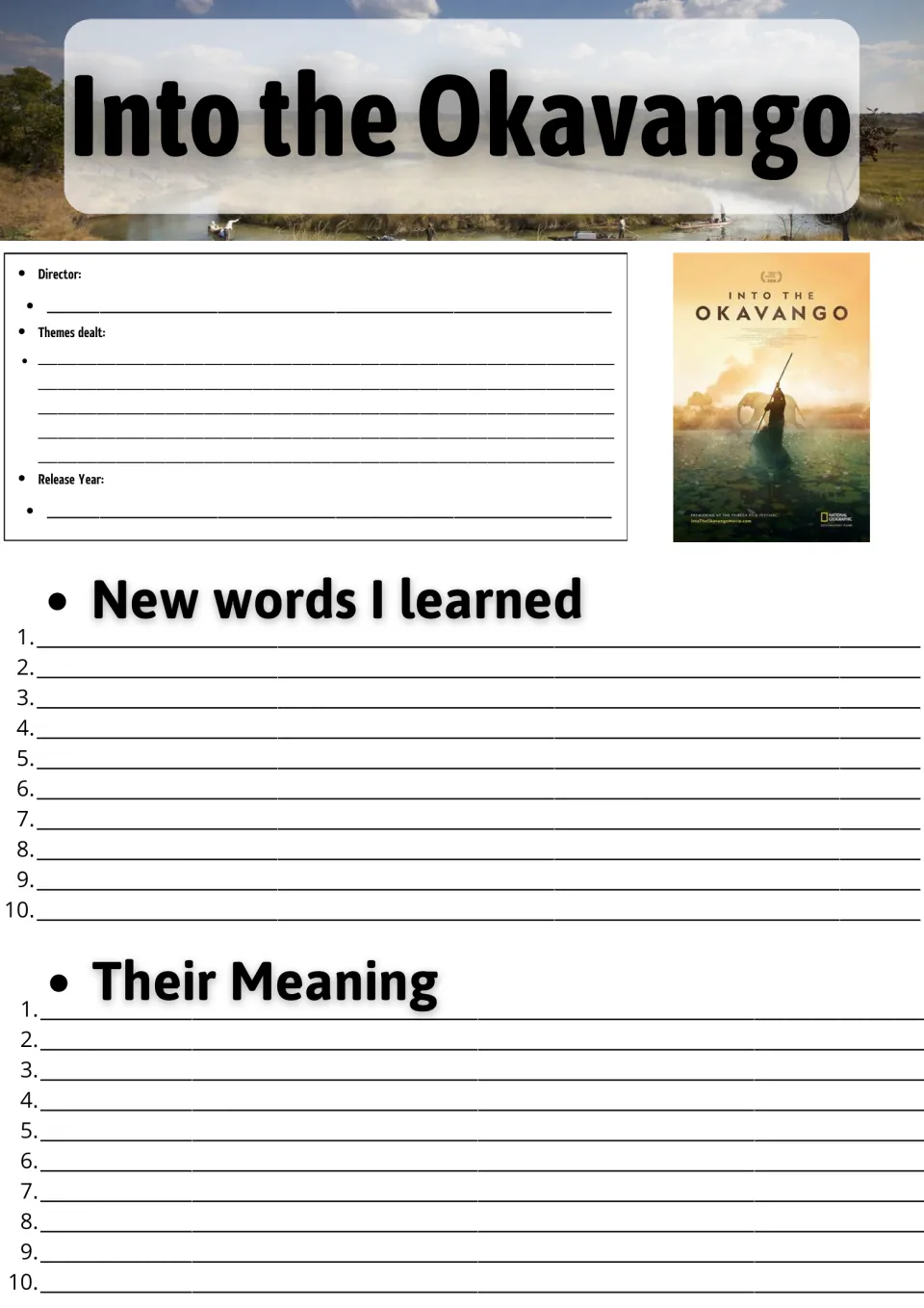 Into the Okavango film notes: students record director, themes and release year, then list 10 new words and their meanings