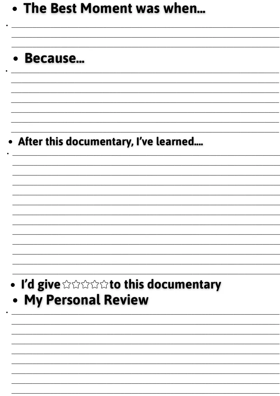 Documentary response: students describe the best moment and why, what they learned, a star rating and a personal review
