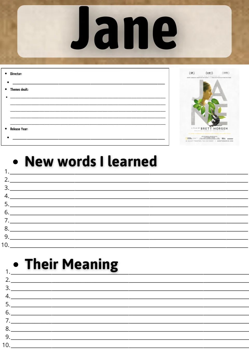 Jane documentary film facts: students note director, themes and release year, then list 10 new words and meanings