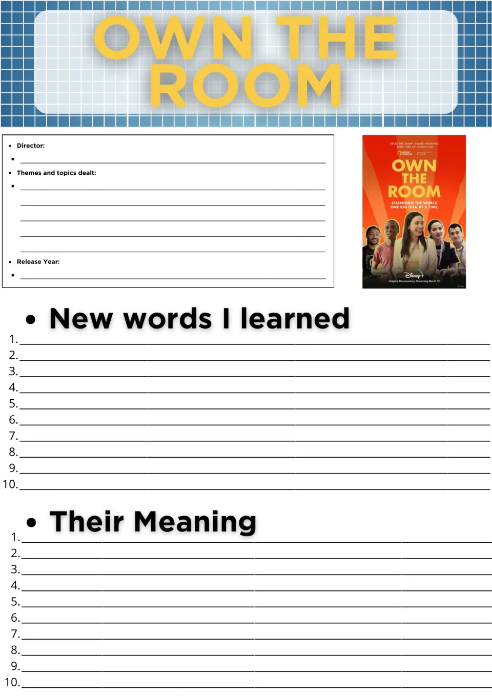 Own the Room documentary notes: students record director, themes and release year, then list 10 new words and meanings