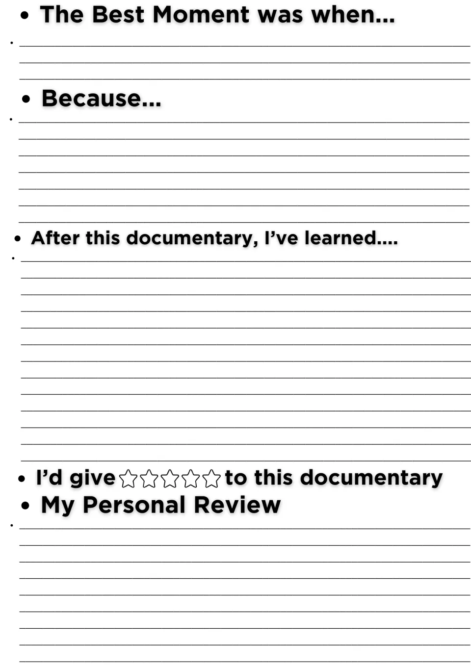 Documentary reflection: students write the best moment and why, what they learned, a star rating and a personal review