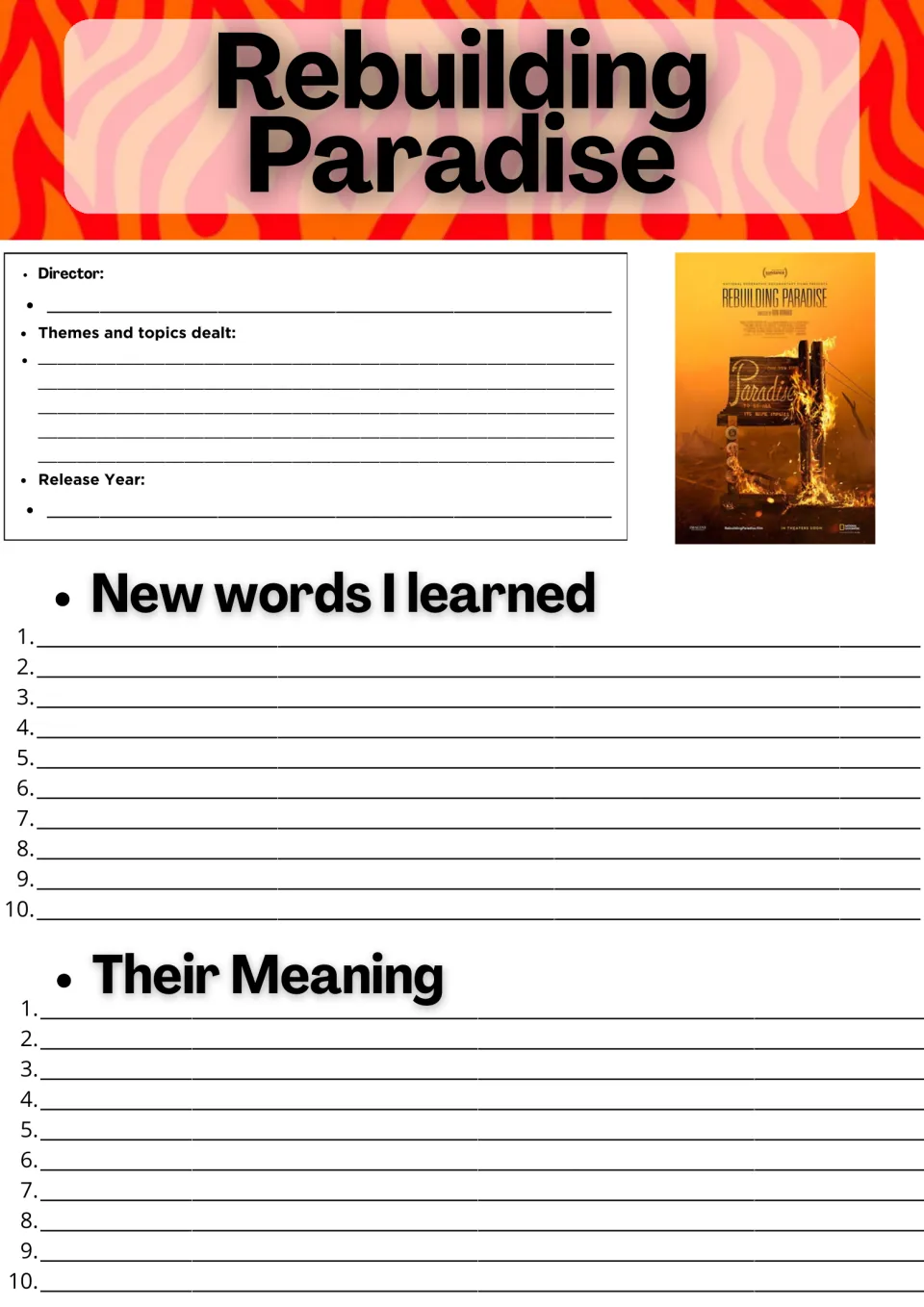 Rebuilding Paradise film log: students note director, themes and release year, then list 10 new words and their meanings