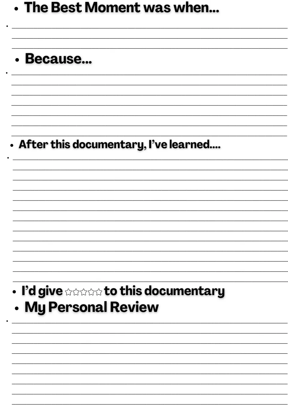 Documentary reflection: students write the best moment and why, what they learned, a star rating and a personal review