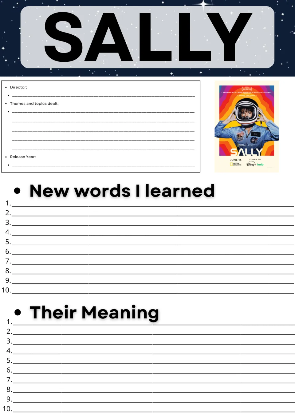 Sally documentary notes: students record director, themes and release year, then list 10 new words and their meanings