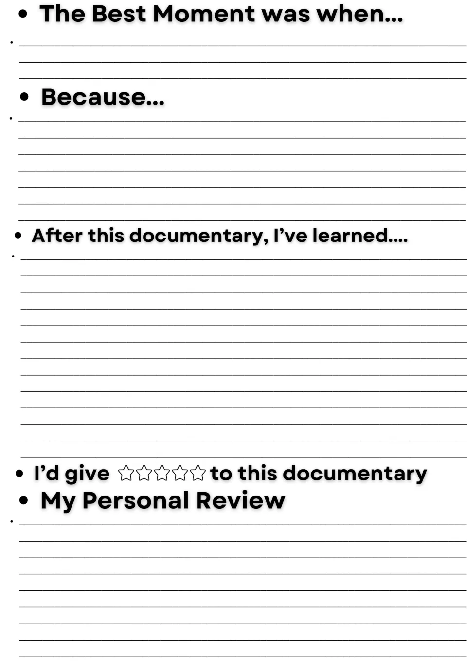Documentary response writing: students describe the best moment and why, what they learned, a star rating and a review