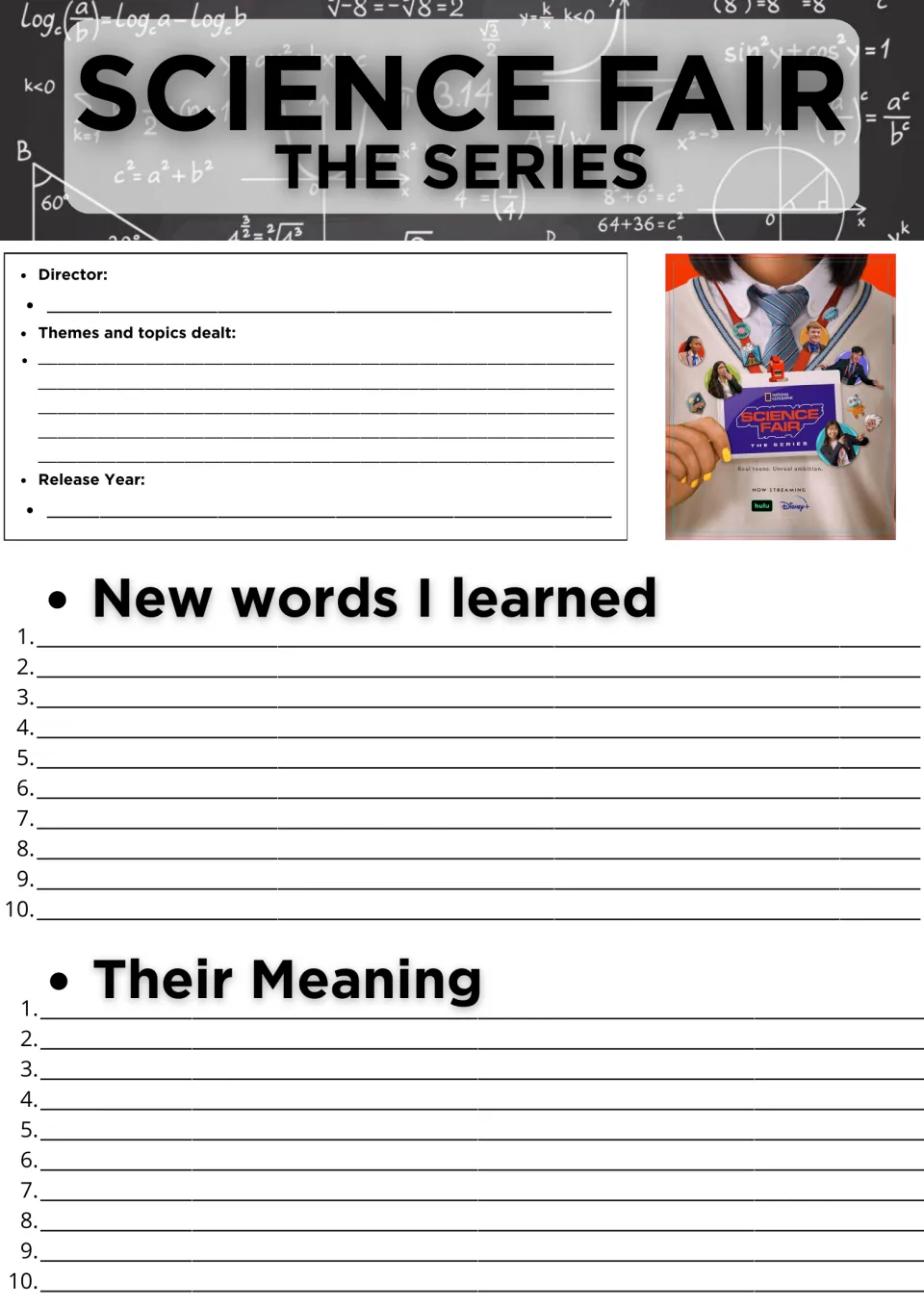 Science Fair series viewing log: students note director, themes and release year, then 10 new words and their meanings