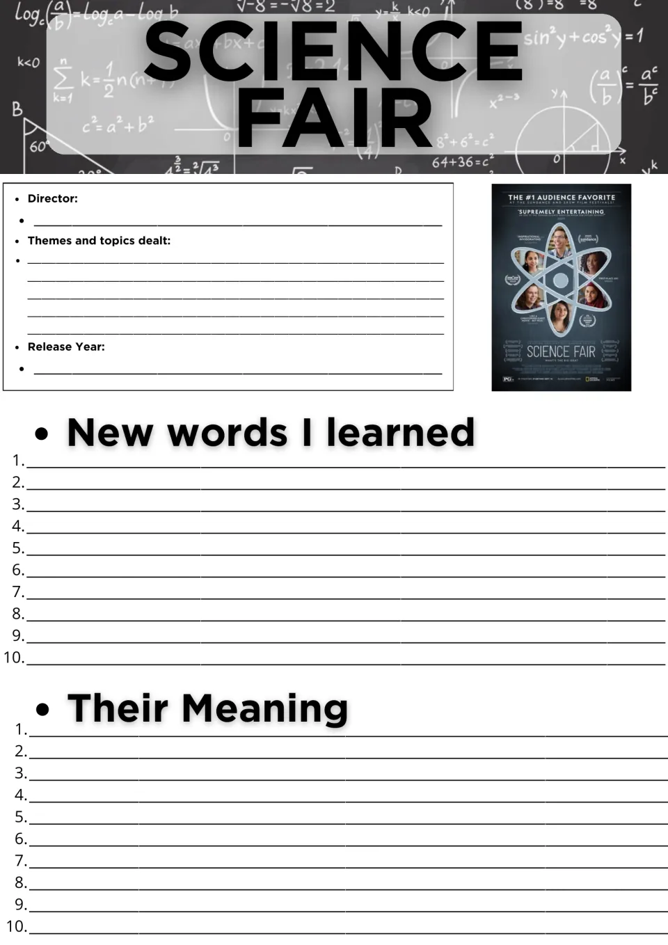 Science Fair documentary log: students note director, themes and release year, then list 10 new words and meanings