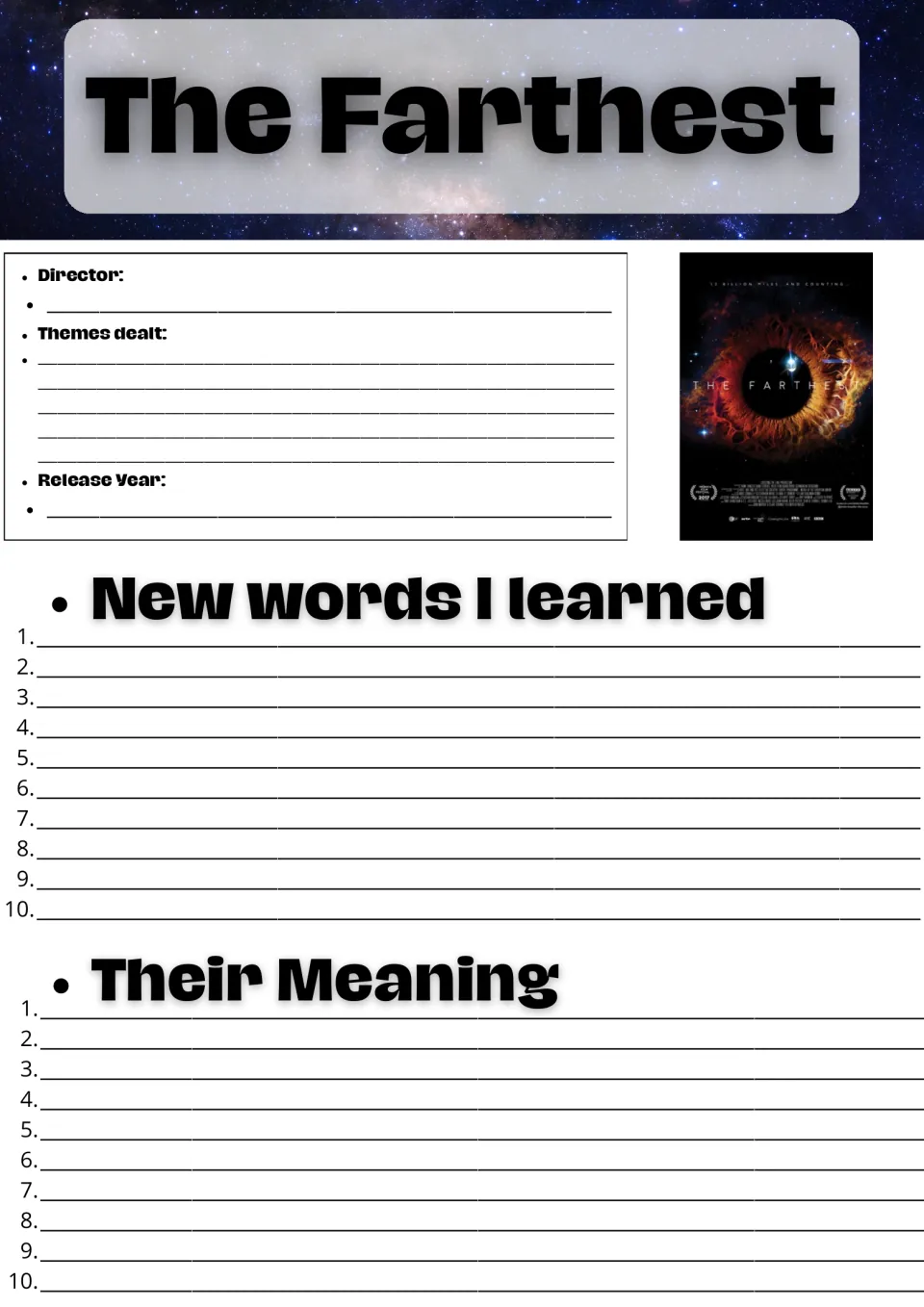 The Farthest film notes: students record director, themes and release year, then list 10 new words and their meanings