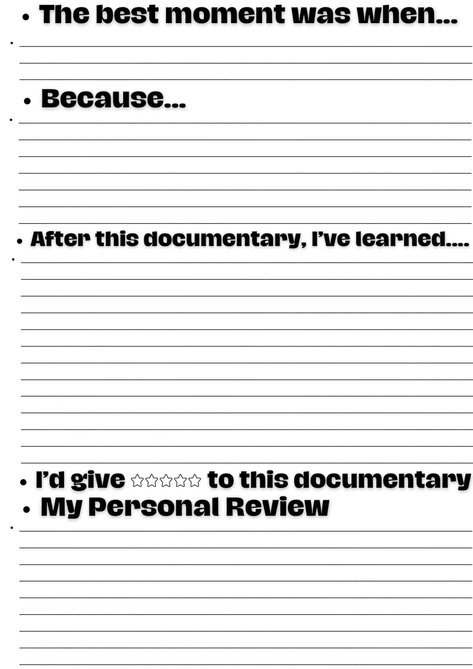 Documentary reflection: students write the best moment and why, what they learned, a star rating and a personal review