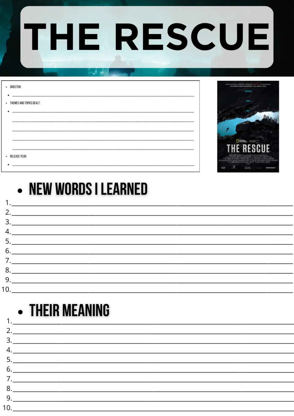 The Rescue documentary sheet: students note director, themes and release year, then list 10 new words and their meanings