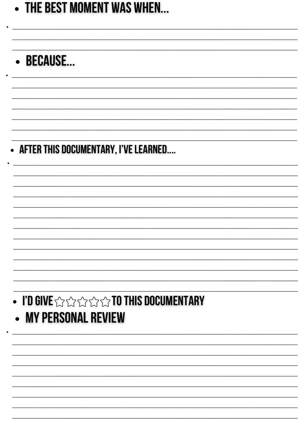Documentary reflection: students write the best moment and why, what they learned, a five-star rating and a personal review