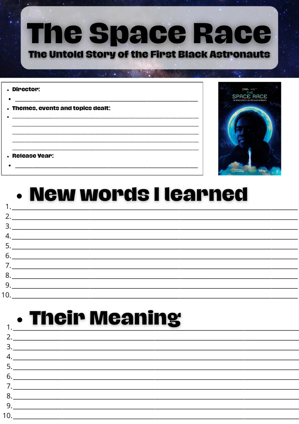 The Space Race documentary: students note director, themes and release year, then list 10 new words and their meanings