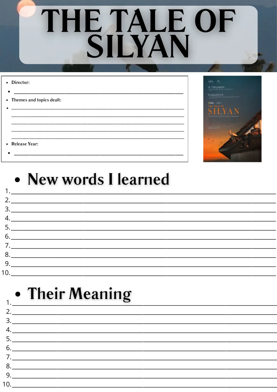 The Tale of Silyan film notes: students record director, themes and release year, list 10 new words and their meanings