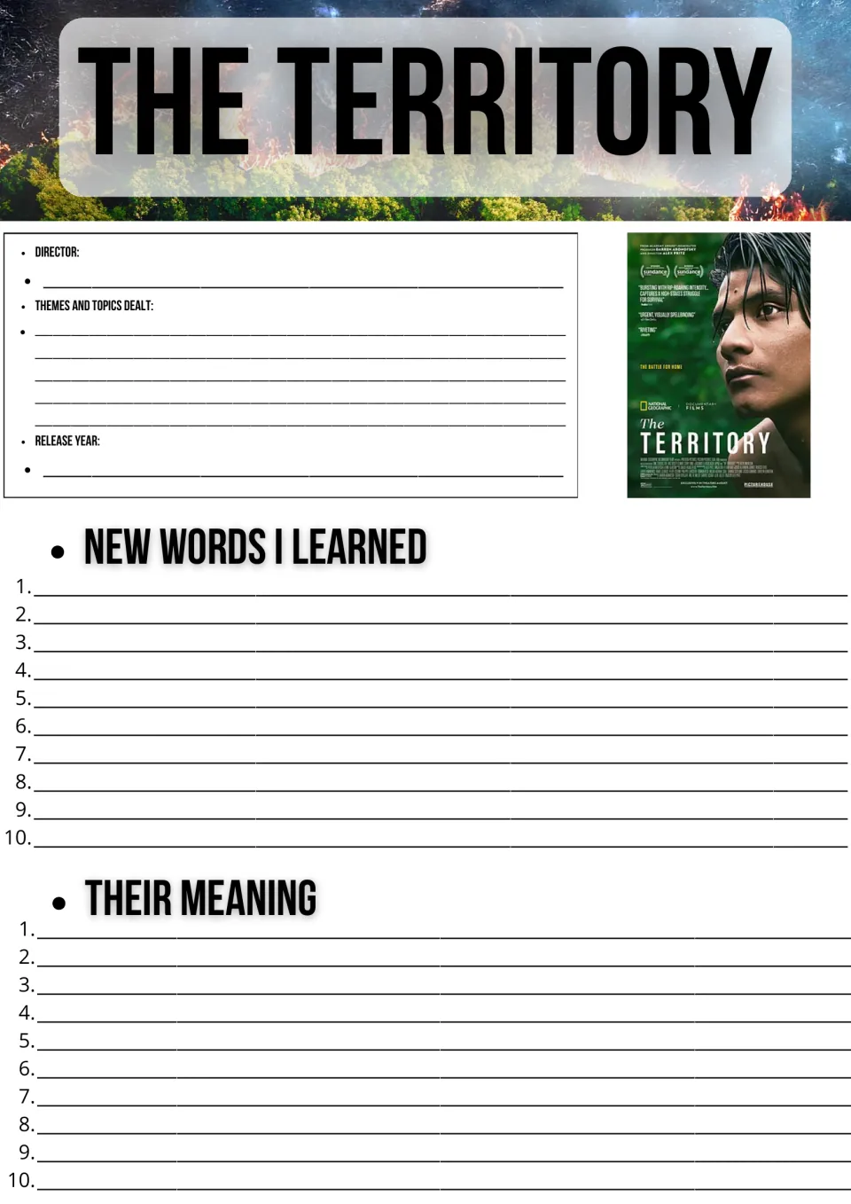 The Territory film facts and vocabulary: students note director, themes, release year, then 10 new words and meanings