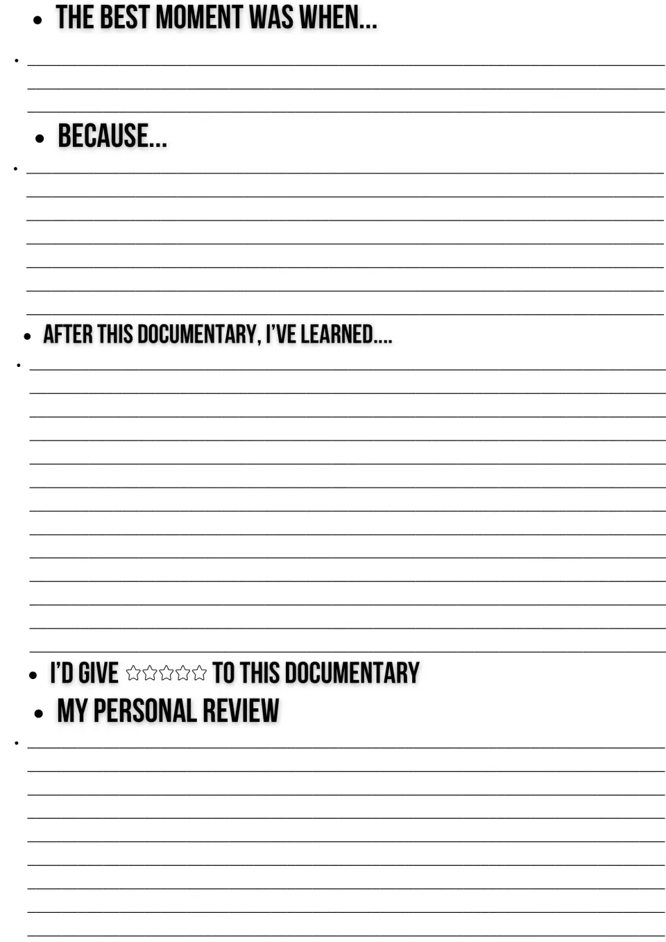 Documentary reflection: students write the best moment and why, what they learned, a star rating and a personal review