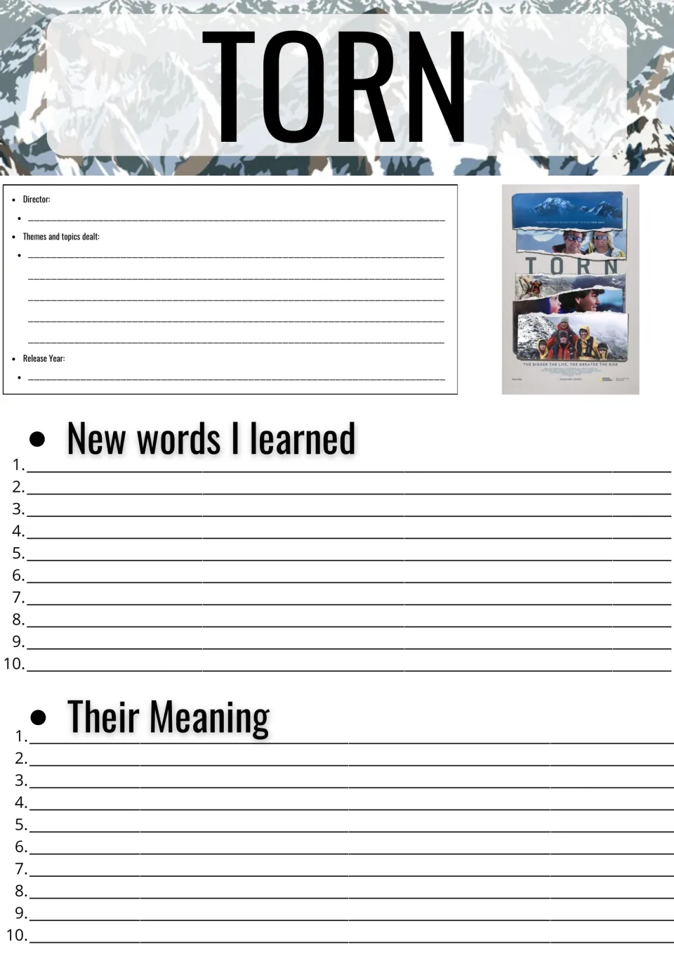 Torn documentary log: students note the director, themes and release year, then list 10 new words and their meanings