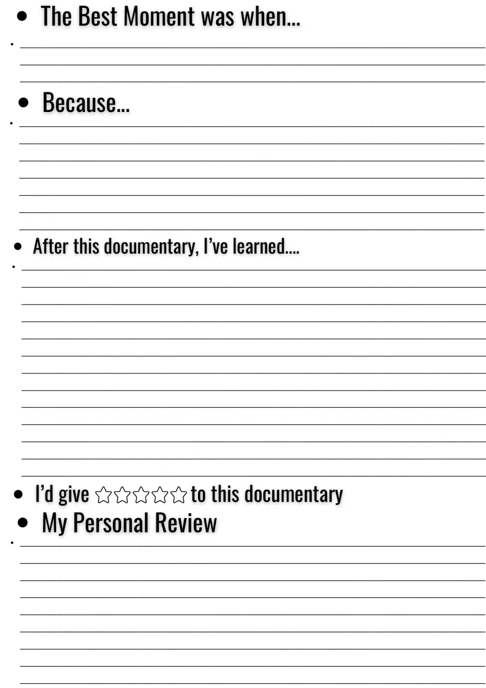 Documentary reflection: students describe the best moment and why, what they learned, a star rating and a personal review