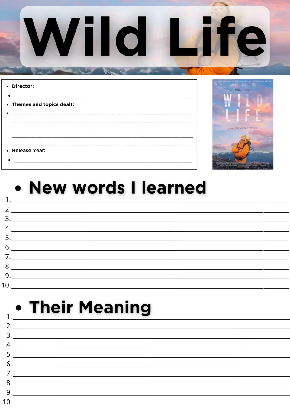 Wild Life documentary log: students note director, themes and release year, then list 10 new words and their meanings